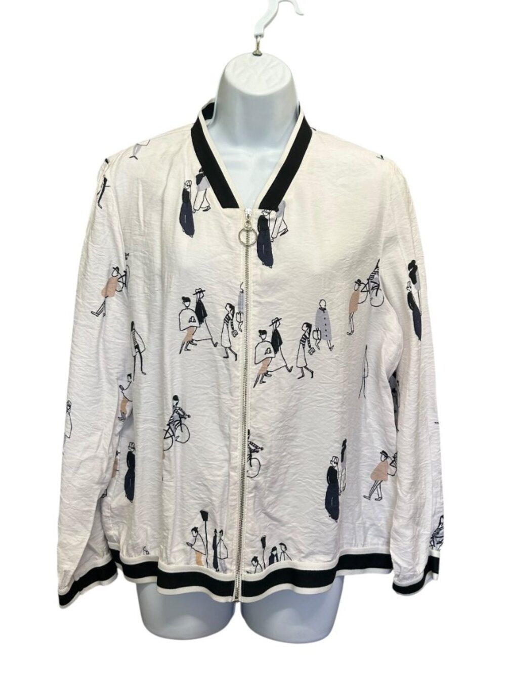 ZOE Artistic Sketch Print Full Zip Bomber Jacket Cardigan Size L